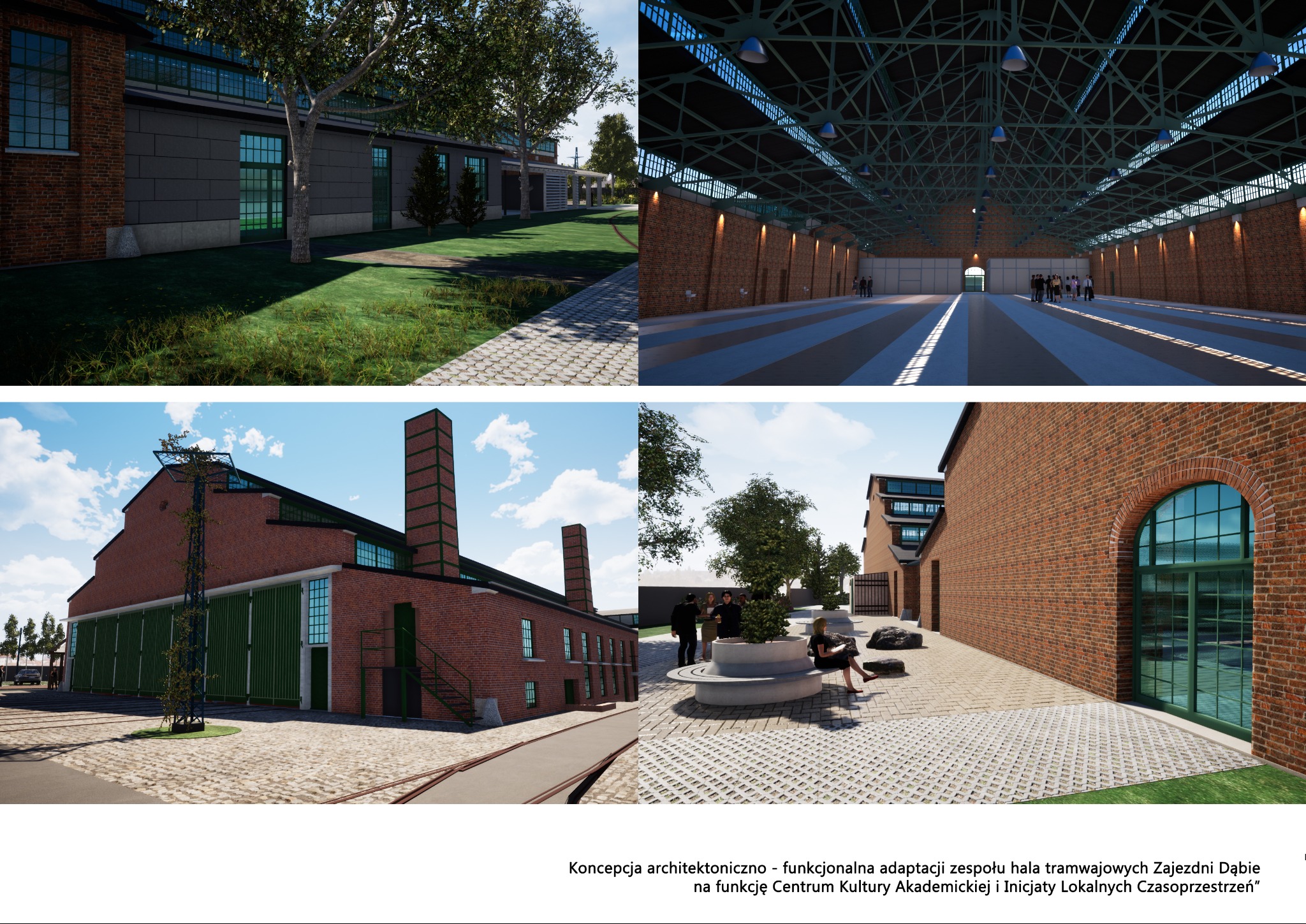 Wizualizacja architektoniczna adaptacji hali tramwajowej na centrum kultury, ukazująca elewację z cegły, wnętrze z metalową konstrukcją dachu i zagospodarowany teren wokół budynku z elementami...