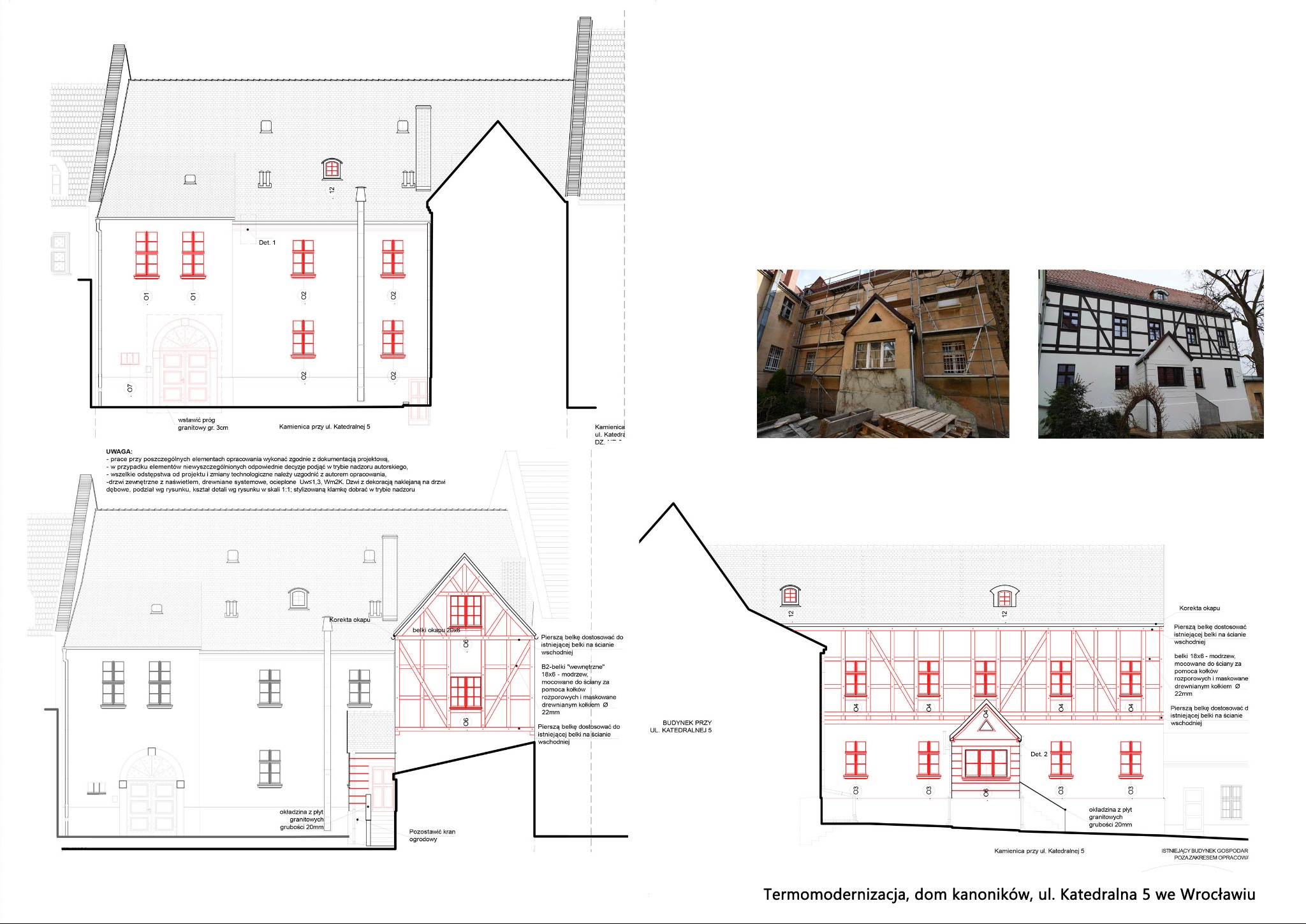 Rzut elewacji kamienicy z zaznaczonymi detalami termomodernizacji, obok zdjęcia budynku przed i po renowacji z charakterystycznym szachulcowym stylem.