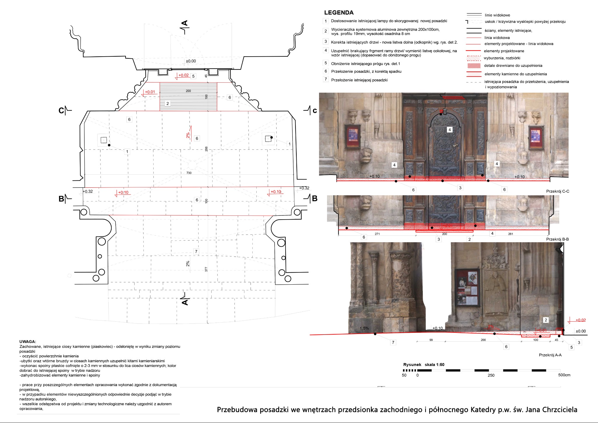 Rysunek techniczny przedstawiający przekroje posadzki i detale wejścia do katedry, z zaznaczonymi elementami do przebudowy, takimi jak korekta drzwi, przełożenie posadzki i uzupełnienie kamiennych...