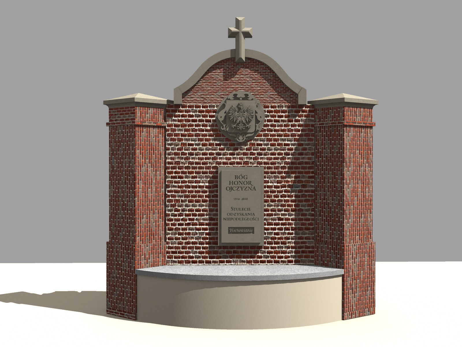 Pomnik z czerwonej cegły z krzyżem, godłem i tablicą pamiątkową, upamiętniający 'Bóg Honor Ojczyzna' i stulecie odzyskania niepodległości.