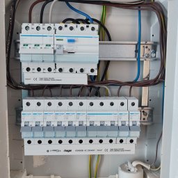 Mikalai Voitau - Rozdzielnica elektryczna Hager z zainstalowanymi bezpiecznikami i okablowaniem. Widoczne przewody w różnych kolorach i elementy montażowe. Biała obudowa rozdzielnicy.