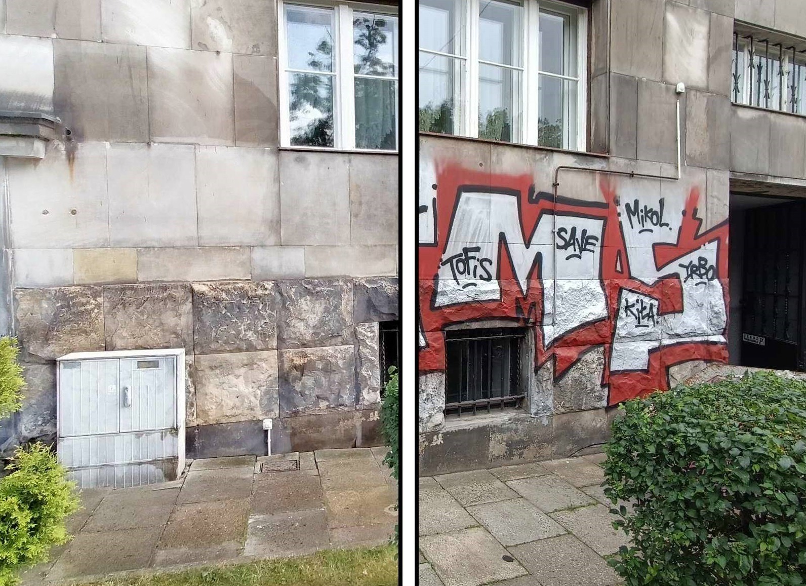 Porównanie fragmentu elewacji budynku przed i po usunięciu graffiti, z widoczną różnicą w czystości i estetyce.