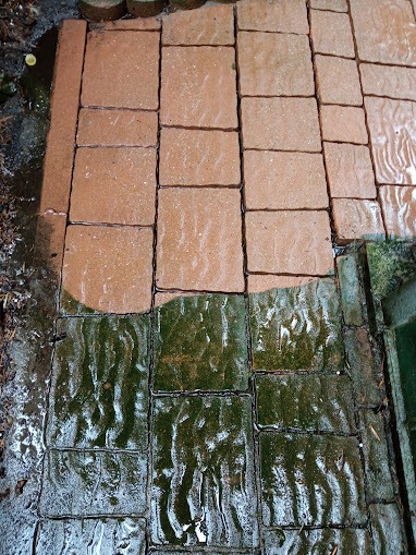 Częściowo wyczyszczona kostka brukowa, widoczna różnica w kolorze i czystości pomiędzy umytą a nieumytą powierzchnią, mokra nawierzchnia.