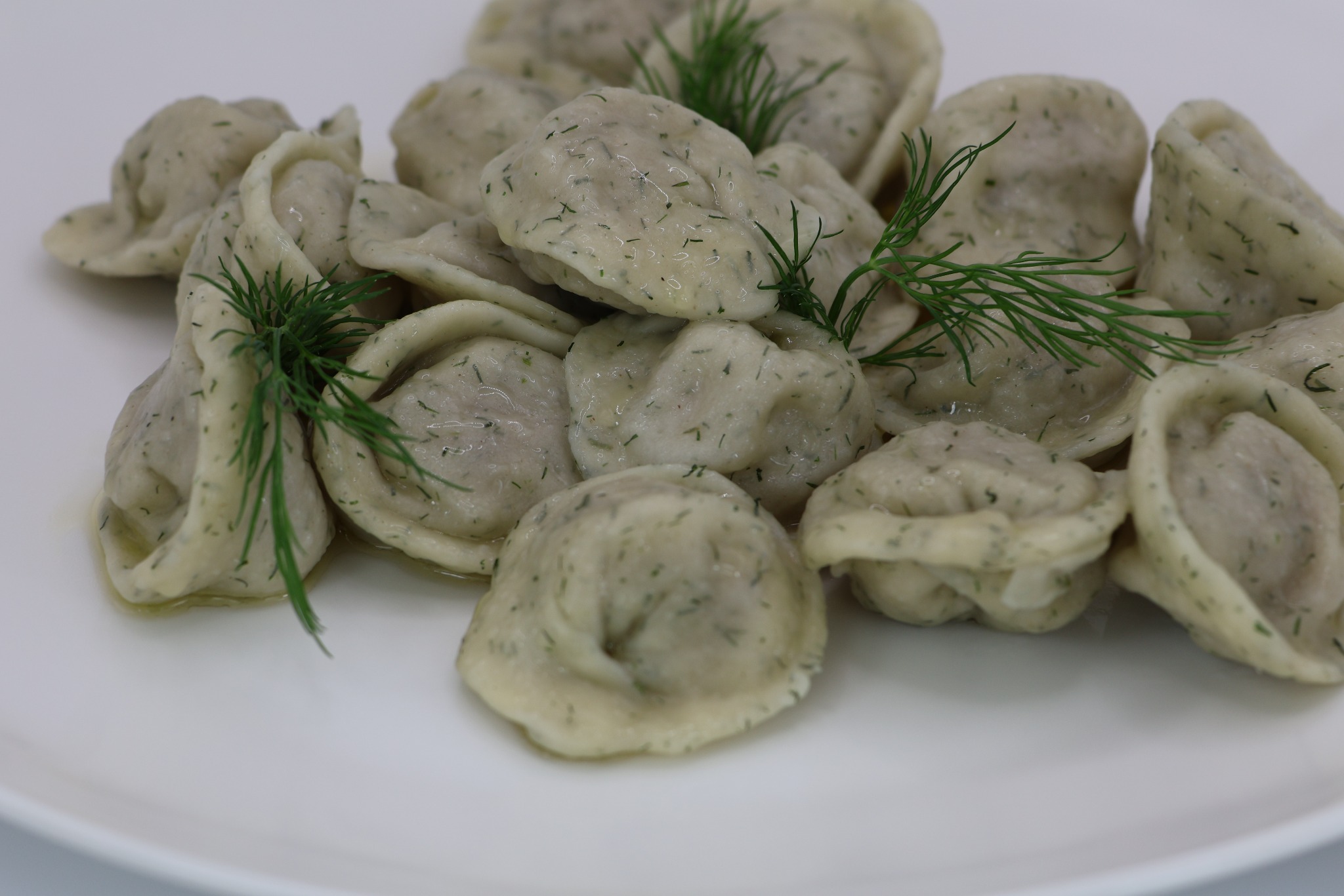Bliksujące światłem pierogi z mięsem i posiekanym koperkiem na białym talerzu, dekorowane gałązkami świeżego koperku.