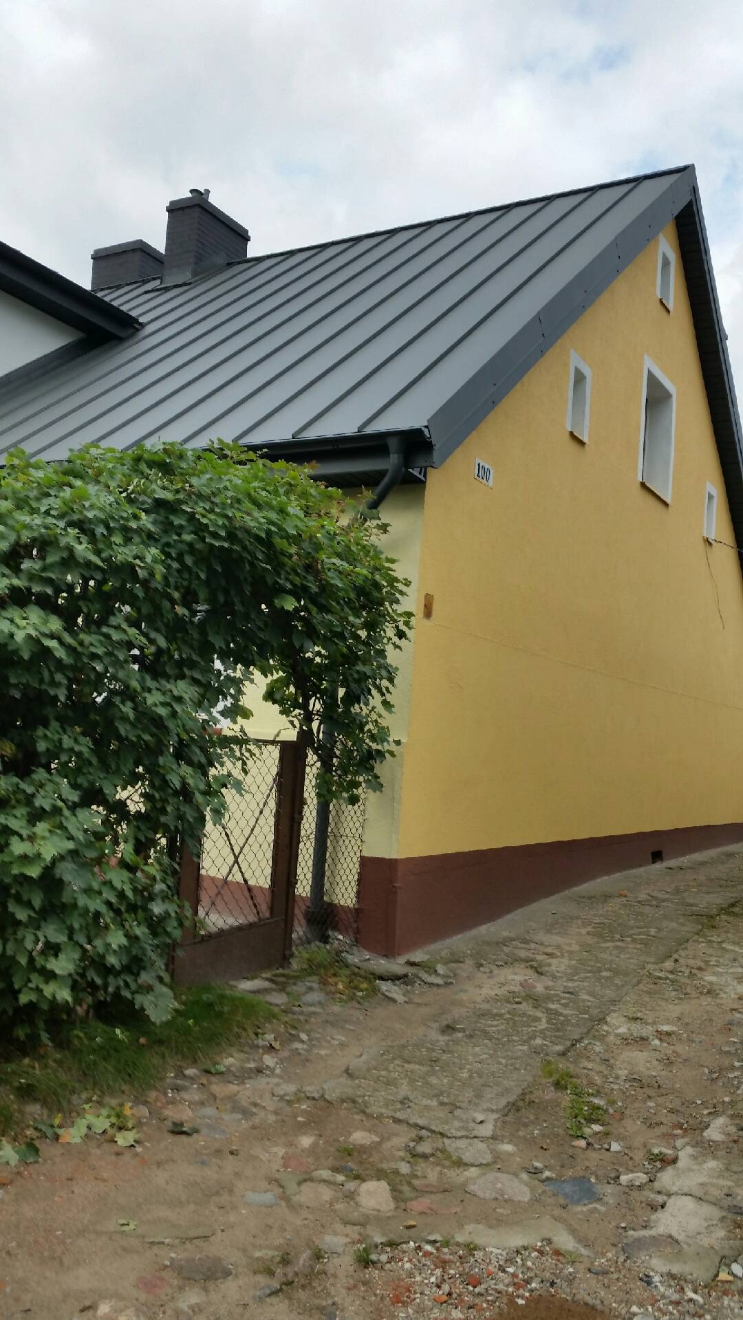 Żółty dom z szarym, metalowym dachem, widoczny z boku, z numerem domu '100', zarośniętym krzewem przy ogrodzeniu i chodnikiem z kostki brukowej.