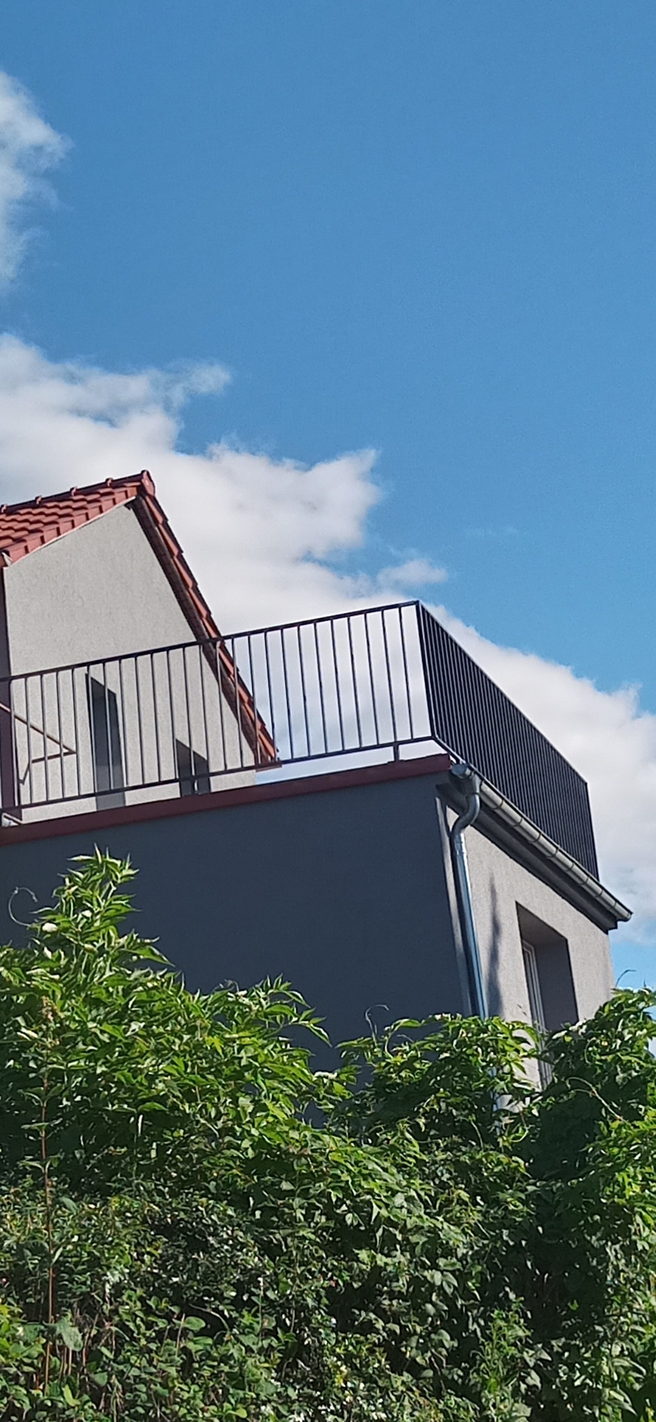 Nowoczesna balustrada balkonowa z czarnych, pionowych prętów na tle błękitnego nieba z chmurami, widoczna z poziomu gęstej zieleni.