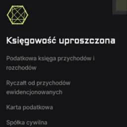 Grafika z tekstem 'Księgowość uproszczona', listą form opodatkowania i geometrycznym logo w neonowej zieleni na ciemnym tle.