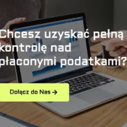 Laptop z wykresem i hasłem o kontroli podatków, obok dłoń z kubkiem kawy. Żółty przycisk 'Dołącz do nas'.