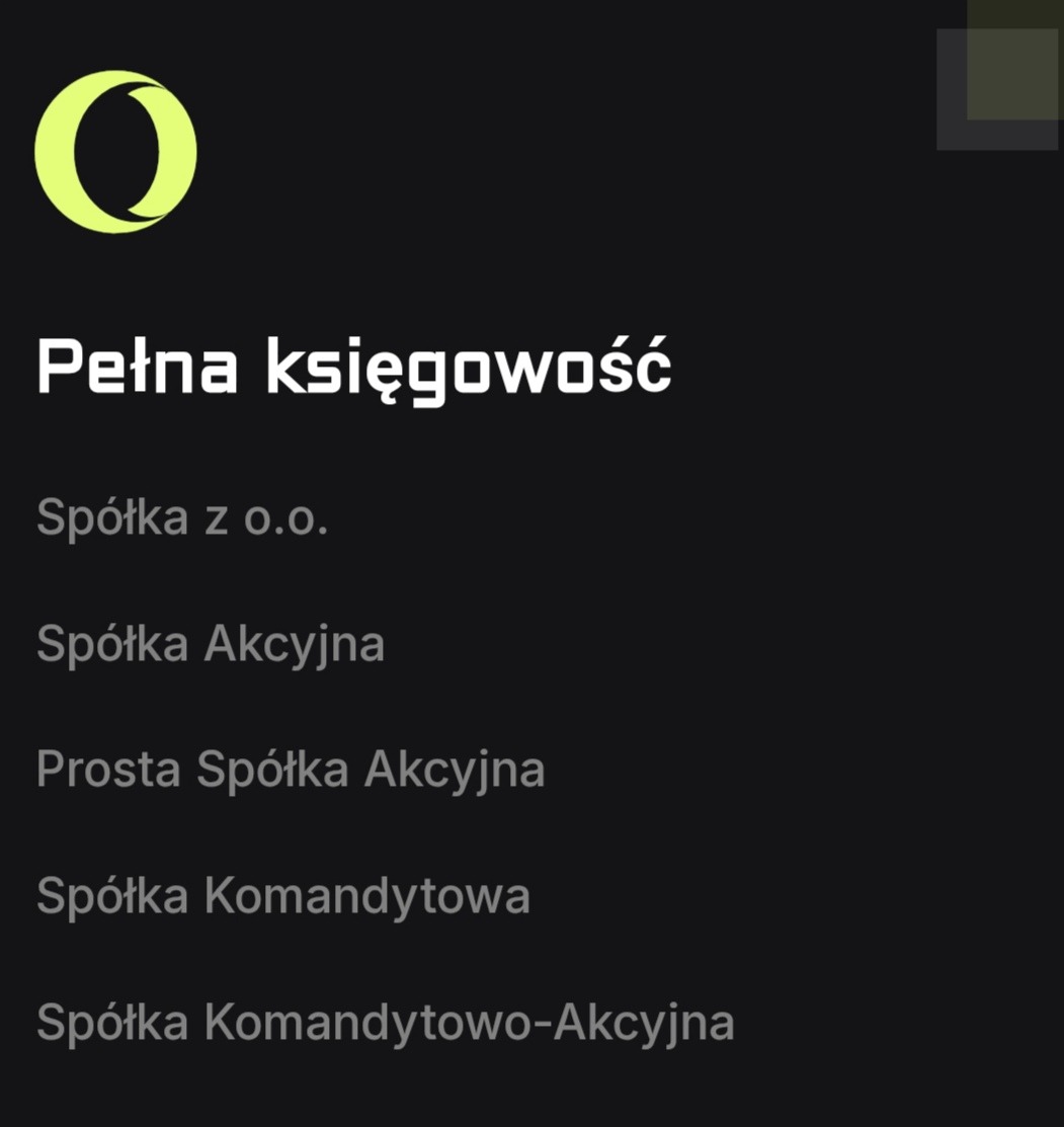 Grafika informacyjna: logo firmy, tekst 'Pełna księgowość' i lista typów spółek (z o.o., akcyjna, komandytowa) na ciemnym tle. Układ tekstu czytelny, logo w lewym górnym rogu.