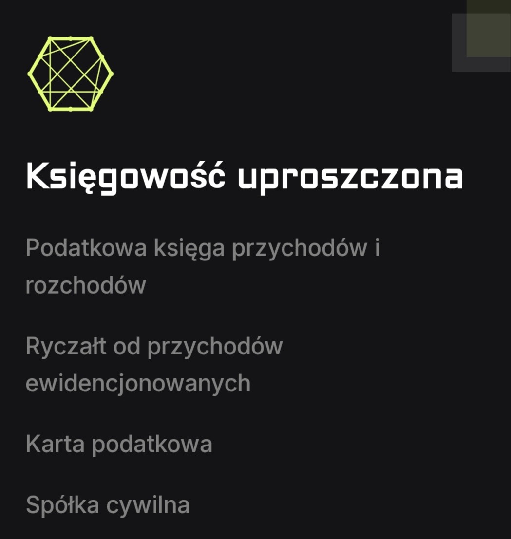 Grafika z tekstem 'Księgowość uproszczona', listą form opodatkowania i geometrycznym logo w neonowej zieleni na ciemnym tle.