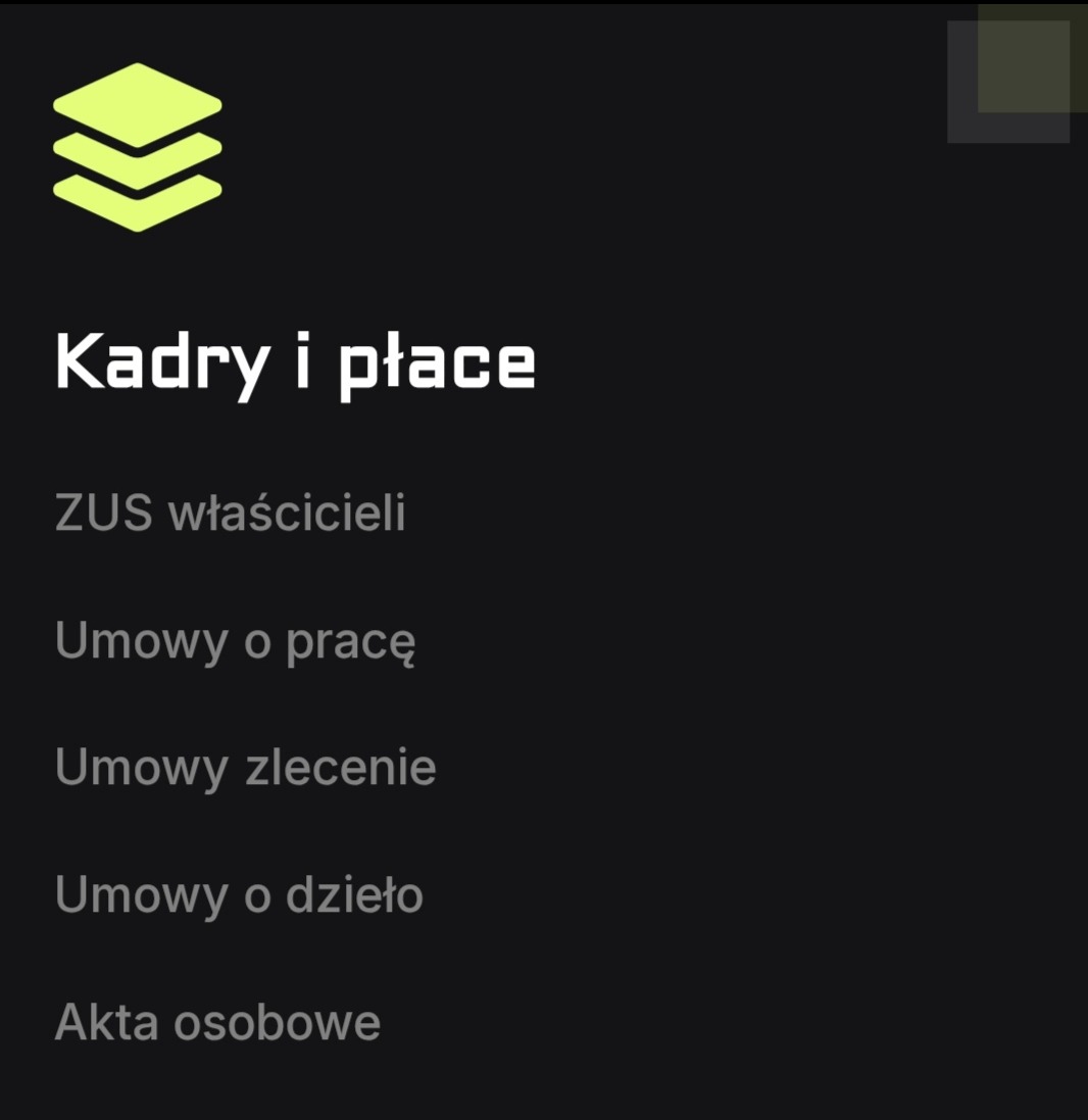 Grafika z listą usług: Kadry i płace, ZUS właścicieli, umowy o pracę/zlecenie/o dzieło, akta osobowe. U góry ikona z trzema zielonymi warstwami.