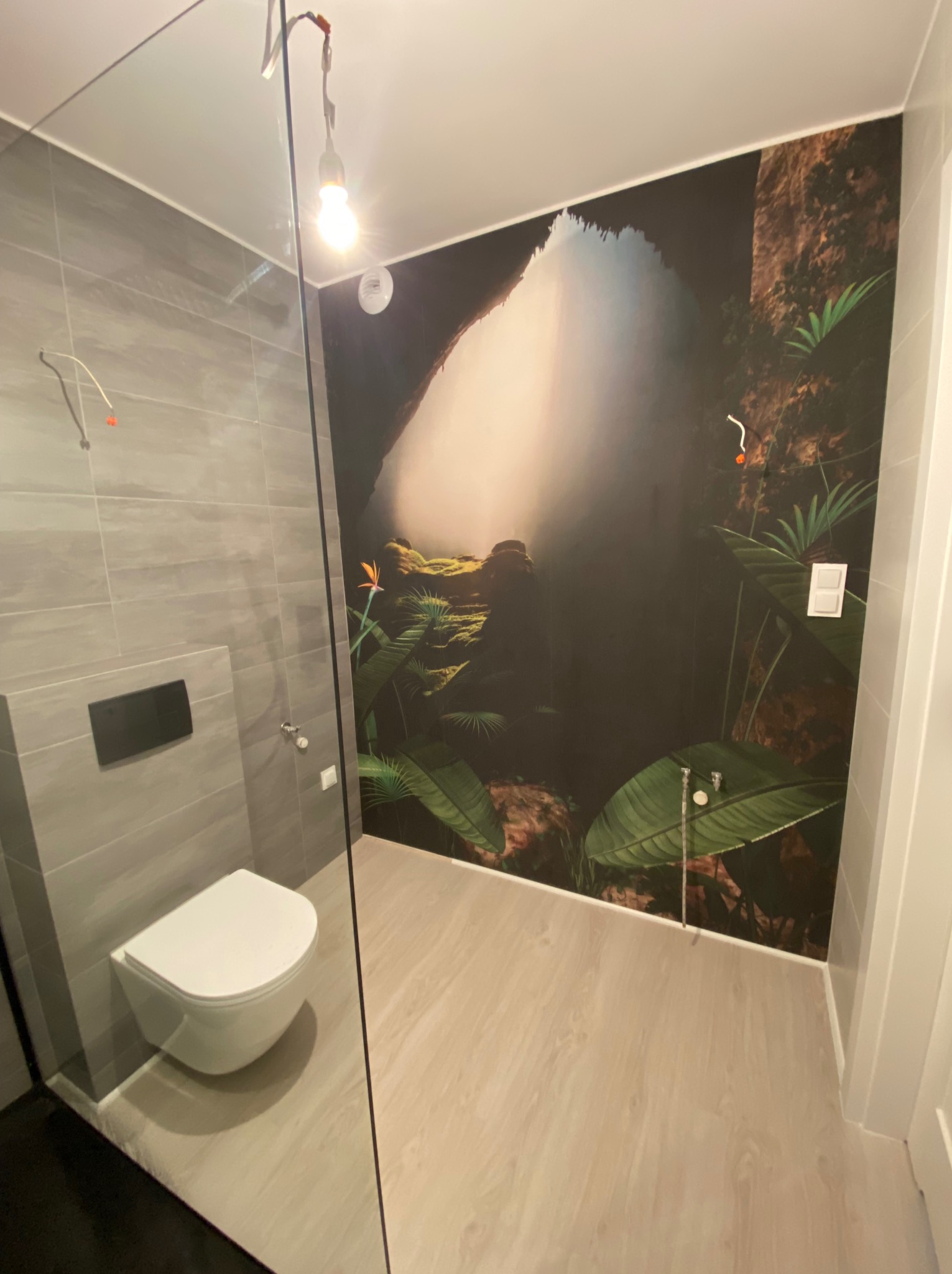Nowoczesna łazienka z szarą glazurą, podwieszaną toaletą i fototapetą z motywem tropikalnego wodospadu. Widoczne niedokończone podłączenie elektryczne i tymczasowa żarówka.