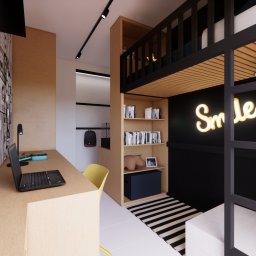 STUDIO D - Pracownia Wnętrz Daria Bociek - Nowoczesny pokój młodzieżowy z łóżkiem na antresoli, biurkiem z laptopem i neonem 'Smile'. Minimalistyczny design, czarno-białe akcenty, grafika na ścianie.