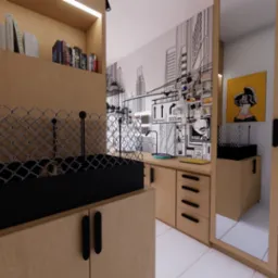 Nowoczesny pokój z biurkiem, regałem i grafiką na ścianie. Uwagę przykuwa siatka na regale i czarno-biała grafika w stylu miejskim. Całość w jasnej kolorystyce.