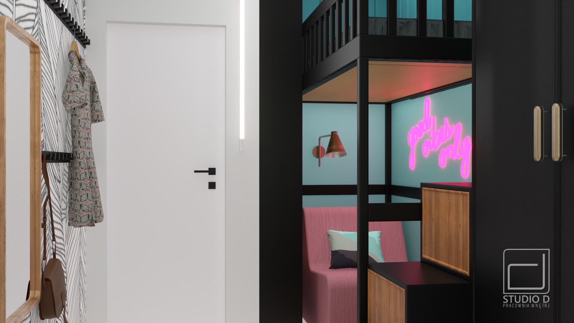 Nowoczesny pokój z łóżkiem na antresoli, różowym neonem 'good vibes only', lampką nocną i minimalistycznym wystrojem, widok z przedpokoju z lustrem i wieszakiem na ubrania.