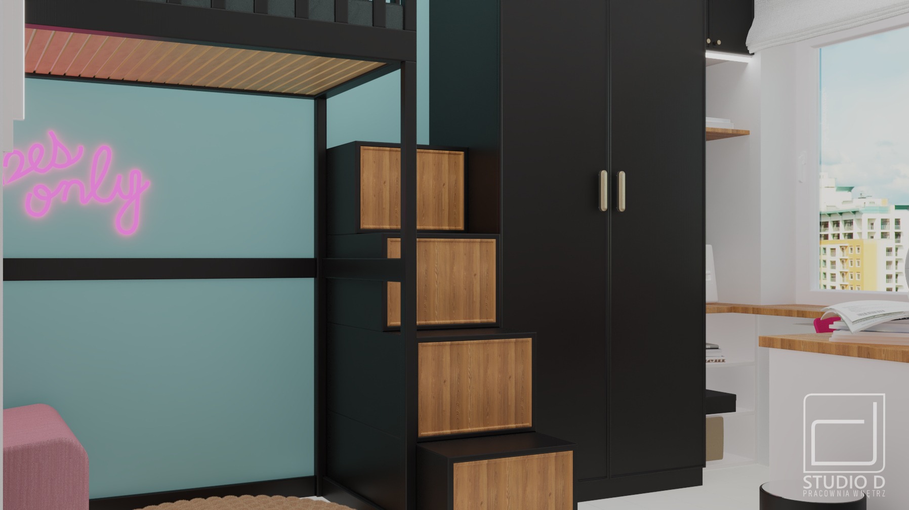 Wizualizacja pokoju dziecięcego z łóżkiem na antresoli, schodami z drewnianymi frontami, czarną szafą i biurkiem przy oknie z widokiem na miasto.