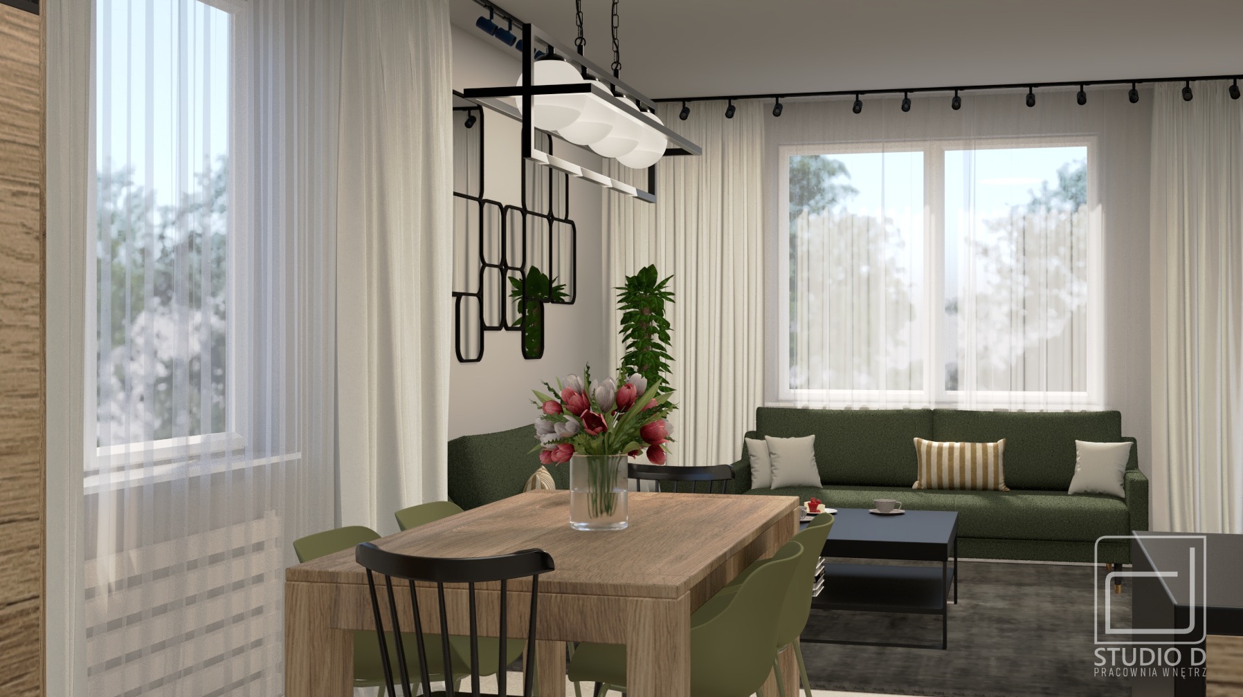 Wizualizacja wnętrza: stół z bukietem tulipanów, krzesła w odcieniach zieleni, sofa w kolorze oliwkowym, minimalistyczna lampa wisząca i dekoracje ścienne w nowoczesnym salonie z dużym oknem.