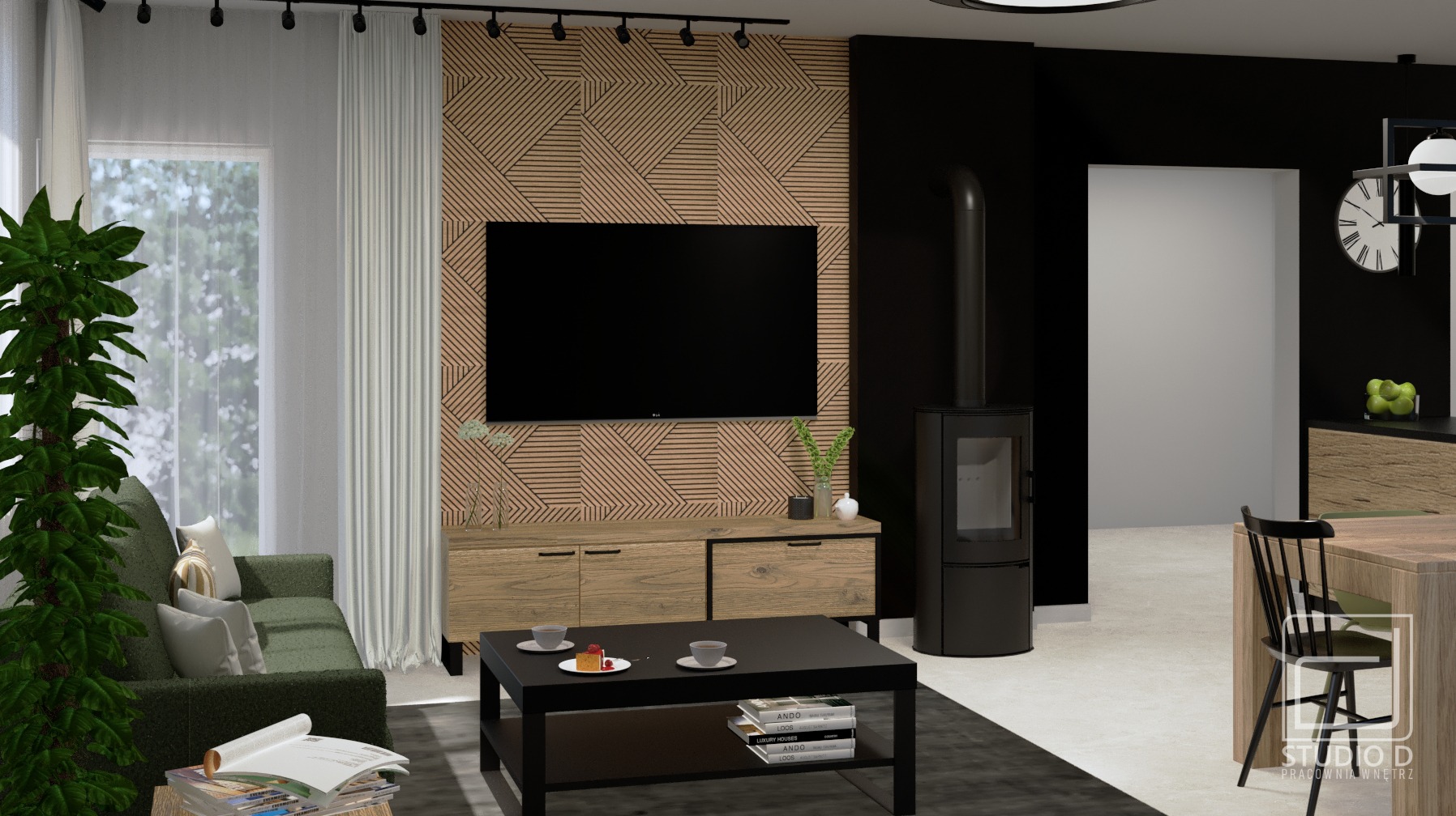 Wizualizacja salonu z drewnianą ścianą z geometrycznym wzorem, telewizorem, komodą RTV, czarnym kominkiem, zieloną sofą, stolikiem kawowym z ciastkiem i książkami oraz roślinami doniczkowymi.