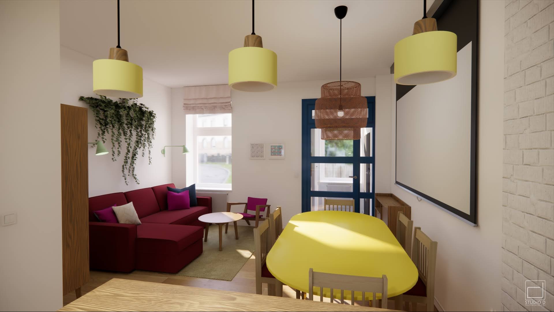 Wizualizacja wnętrza mieszkania z czerwonym narożnikiem, żółtym stołem i lampami, oraz dekoracyjną roślinnością na ścianie.