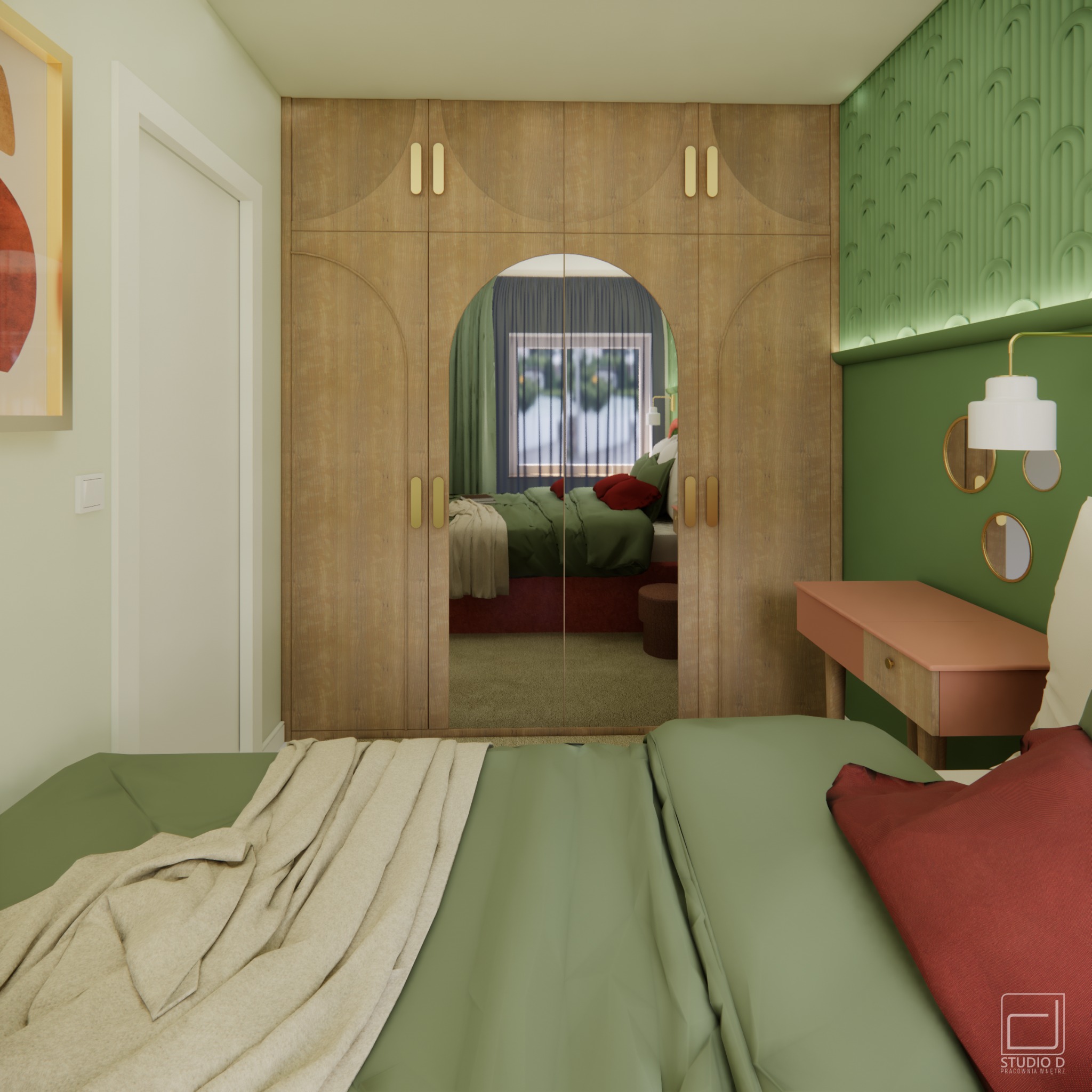 Wnętrze sypialni w odcieniach zieleni z łóżkiem, drewnianą szafą z lustrzanymi drzwiami i toaletką. Widoczny detal dekoracyjny na ścianie.