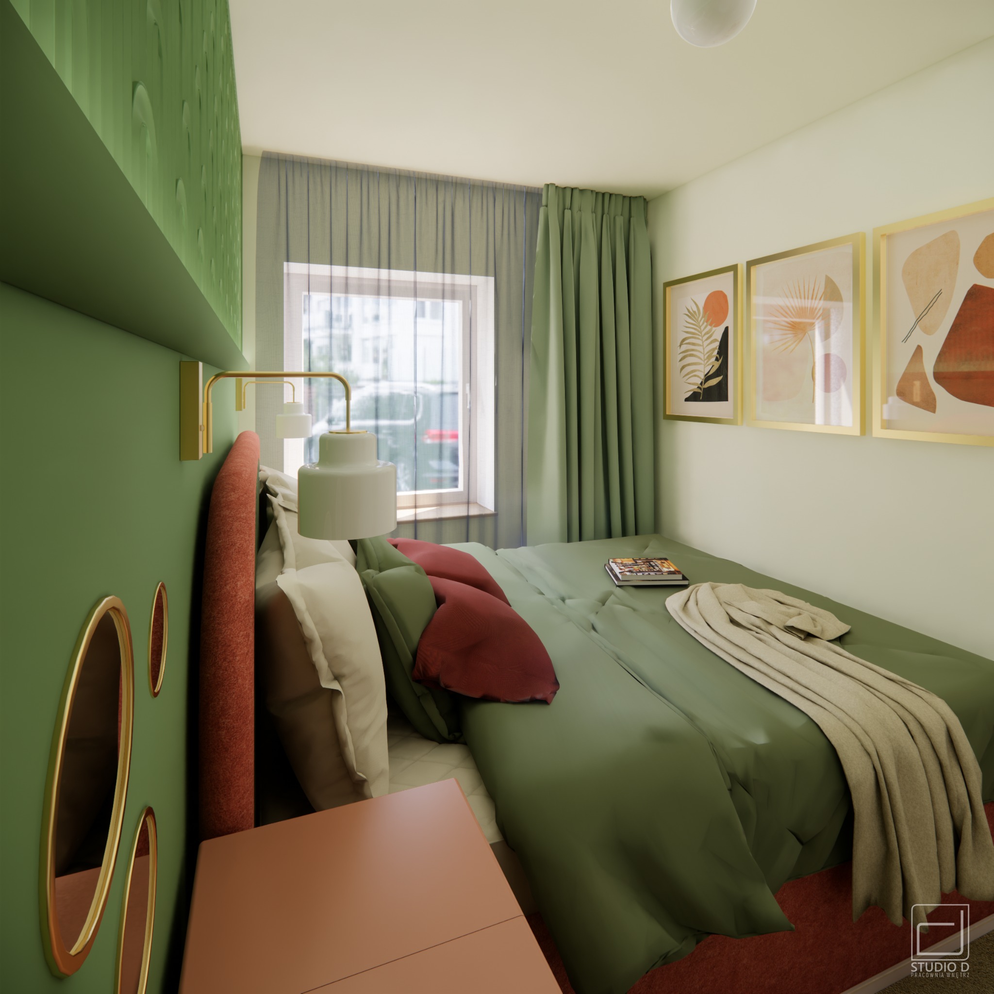 Stylowa sypialnia w odcieniach zieleni i brązu. Dekoracyjne panele ścienne, złote akcenty, abstrakcyjne obrazy i tekstylia tworzą przytulną atmosferę.