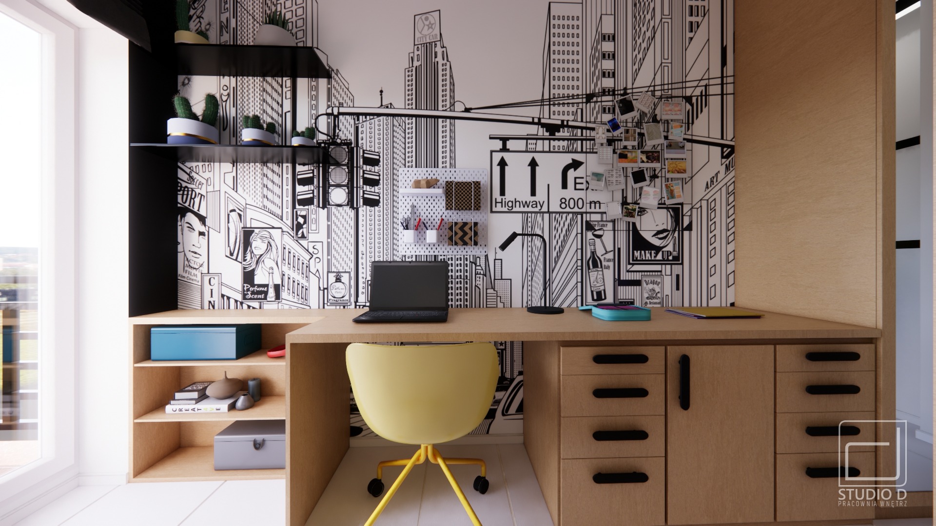 Pokój młodzieżowy z biurkiem, żółtym krzesłem i ścianą w stylu nowojorskim. Na biurku laptop, lampka i dekoracje. Na ścianie półki z roślinami. Jasne wnętrze.