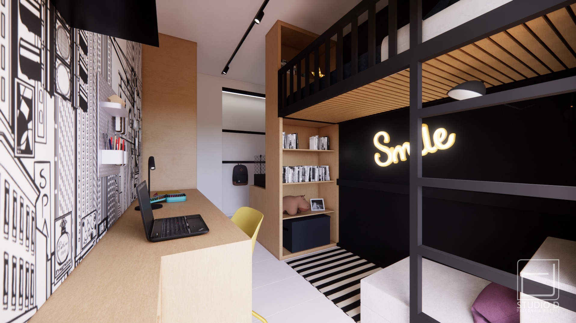 Nowoczesny pokój młodzieżowy z łóżkiem na antresoli, biurkiem z laptopem i neonem 'Smile'. Minimalistyczny design, czarno-białe akcenty, grafika na ścianie.