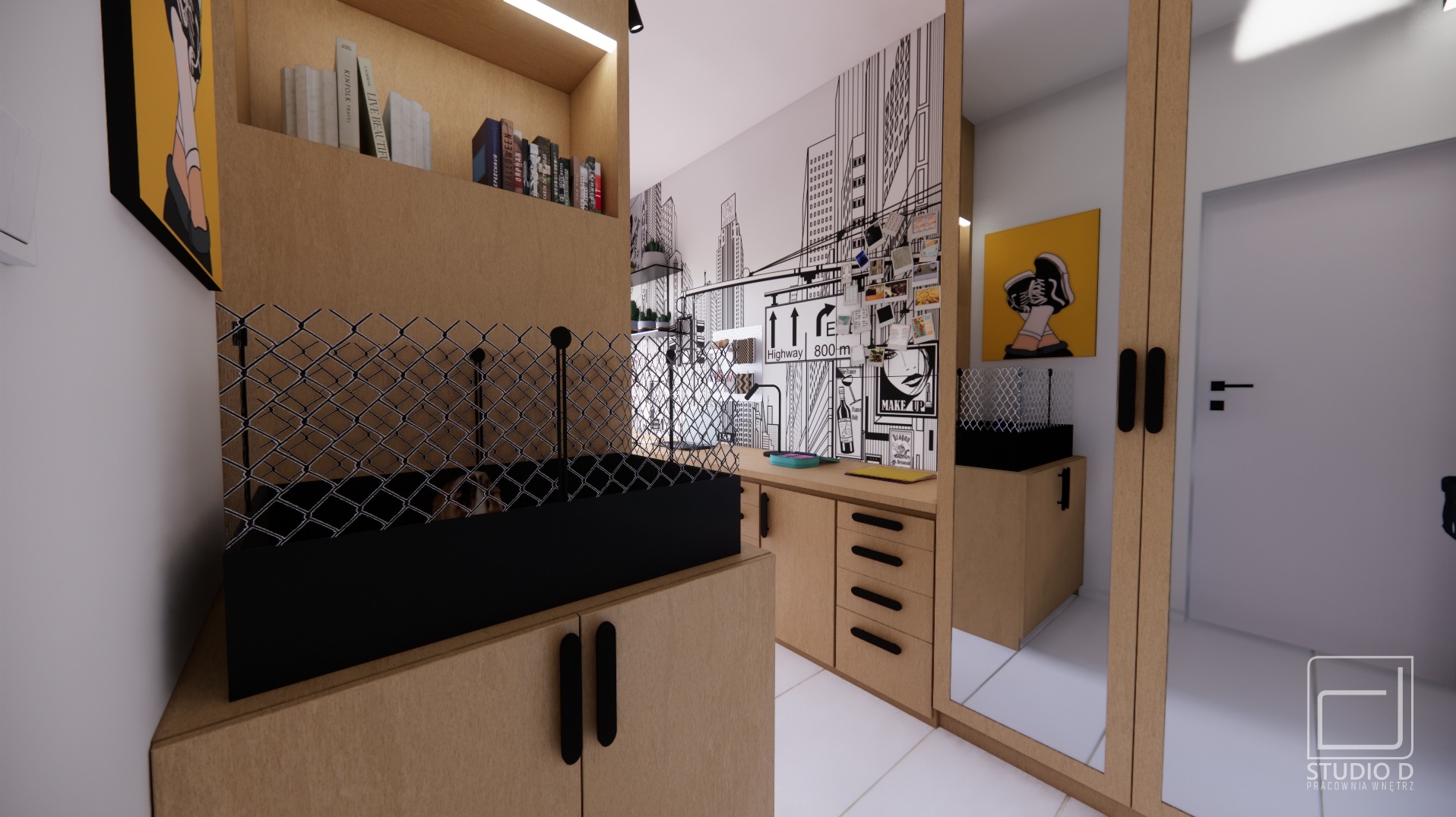 Nowoczesny pokój z biurkiem, regałem i grafiką na ścianie. Uwagę przykuwa siatka na regale i czarno-biała grafika w stylu miejskim. Całość w jasnej kolorystyce.