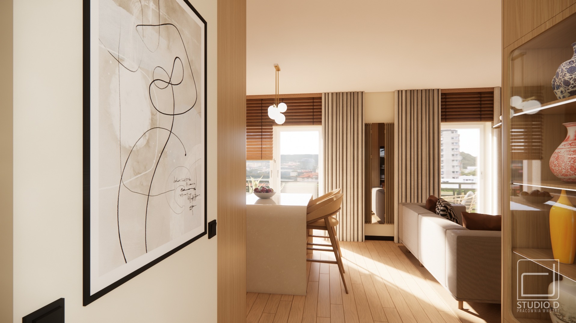 Wnętrze mieszkania z minimalistycznym obrazem na ścianie, wyspą kuchenną i widokiem na miasto za oknem. Ciepłe oświetlenie podkreśla drewniane elementy i neutralną kolorystykę.
