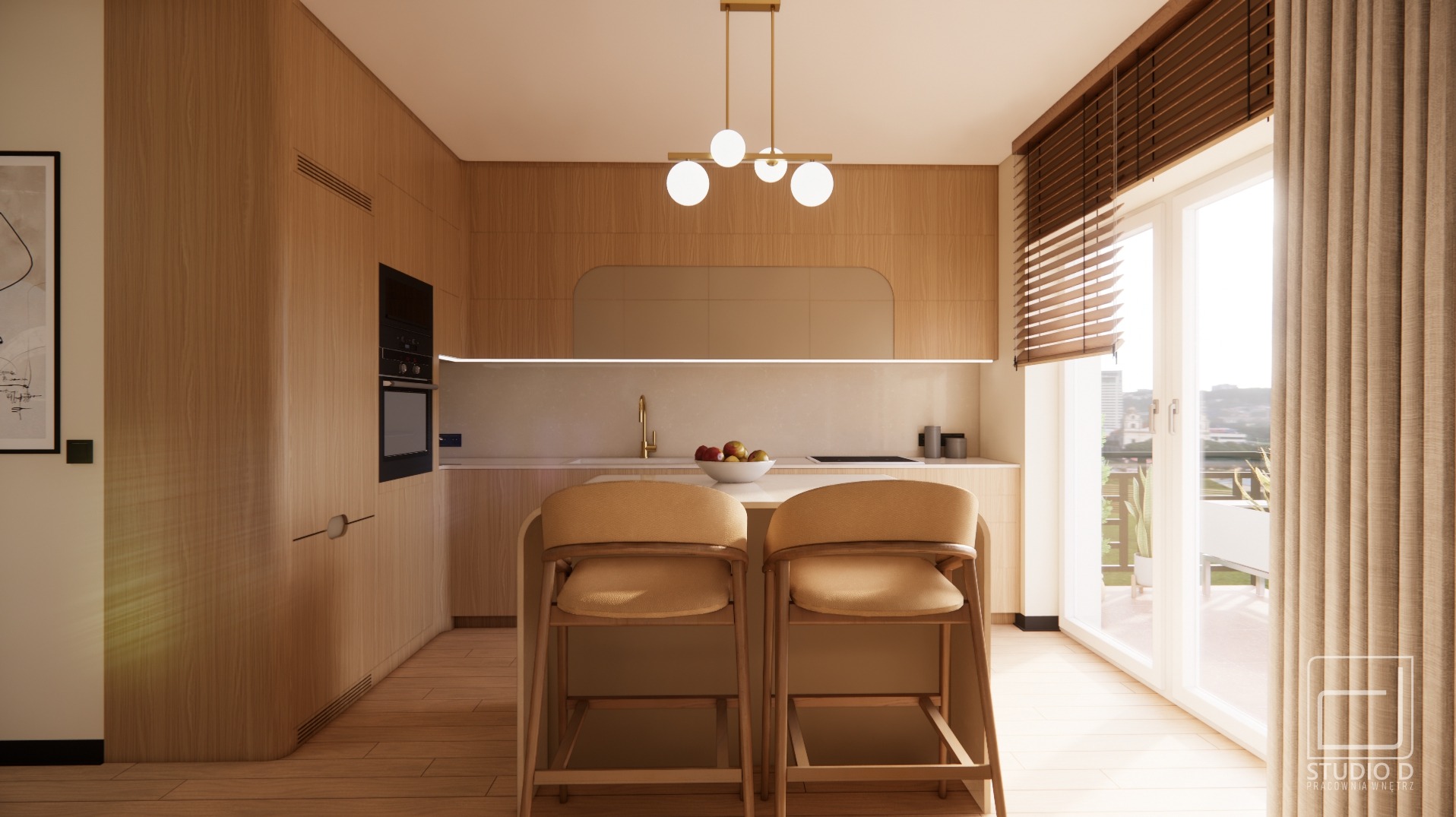 Jasna kuchnia z drewnianymi frontami, wyspą i krzesłami barowymi. Minimalistyczna lampa wisząca, okno z żaluzjami i widok na miasto w tle. Projekt kuchni w stylu nowoczesnym.
