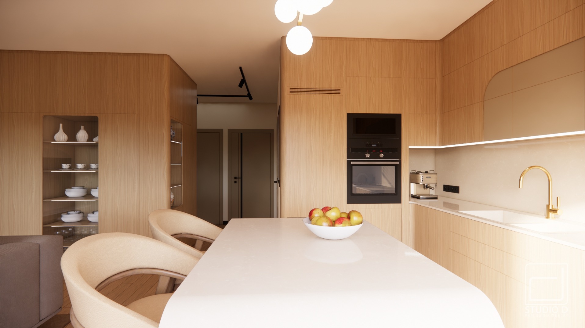Jasna kuchnia z drewnianymi szafkami, białym blatem i złotą armaturą. Na blacie misa z jabłkami. Minimalistyczny design, oświetlenie punktowe.