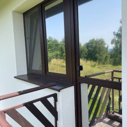 Amadeusz Kośmider Shiny Visions - Widok z balkonu przez okno z brązowymi ramami, z zamontowaną siatką w jednej części okna, na zewnątrz widoczne drzewa i łąka.