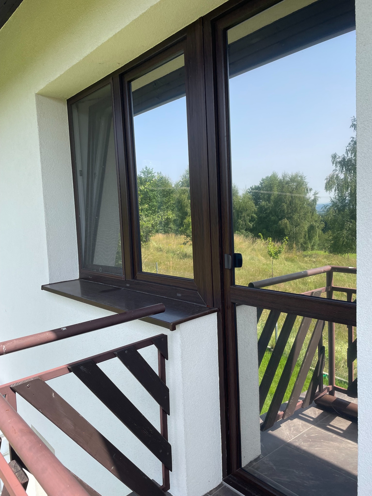 Widok z balkonu przez okno z brązowymi ramami, z zamontowaną siatką w jednej części okna, na zewnątrz widoczne drzewa i łąka.