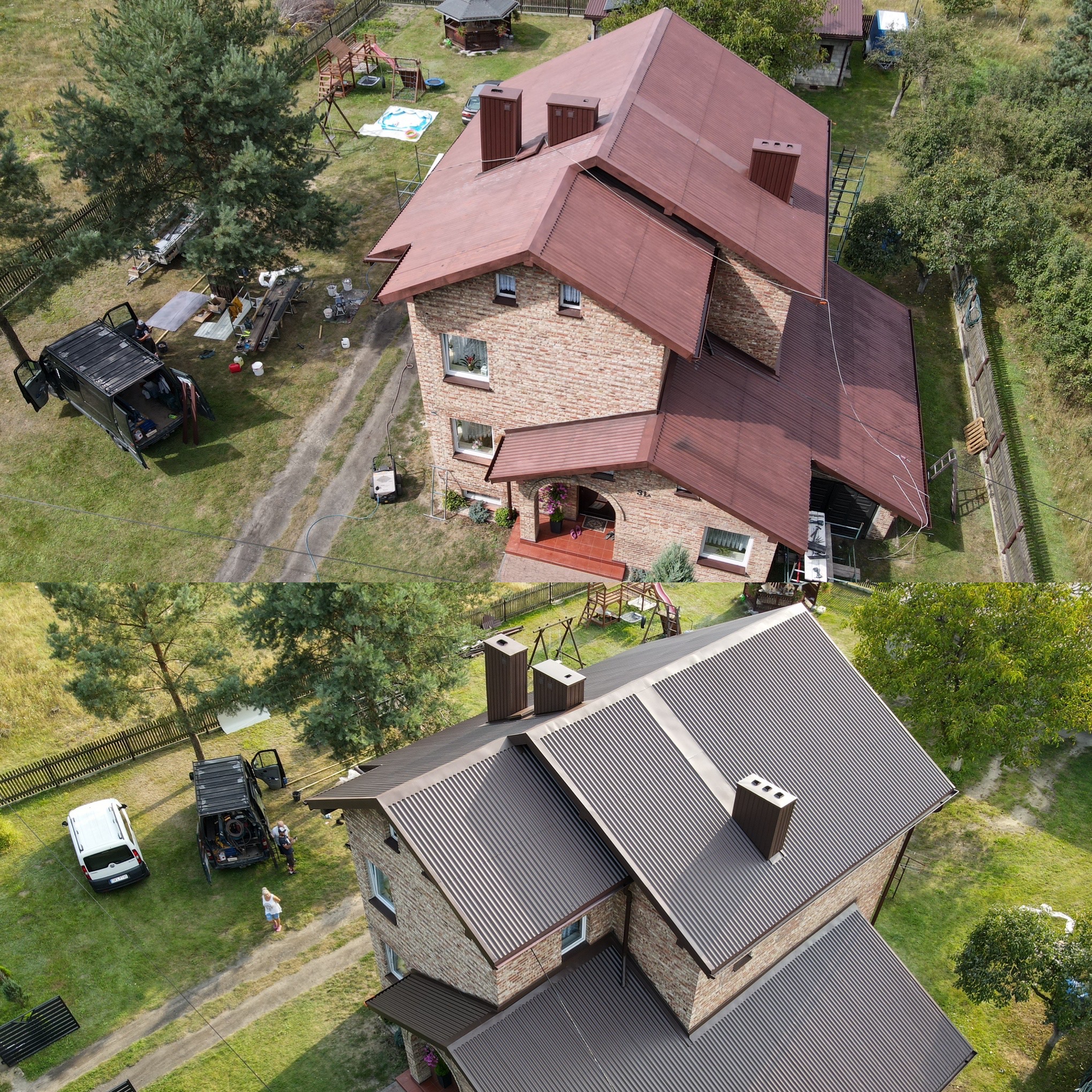 Dwa ujęcia z drona prezentujące dom z cegły klinkierowej przed i po wymianie pokrycia dachowego: dach w kolorze ceglastym (przed) i grafitowym (po).