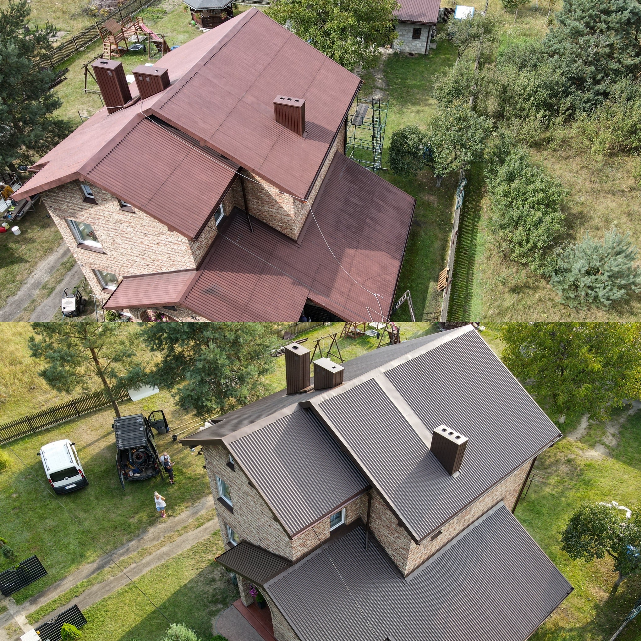 Dwa ujęcia z drona prezentujące dom przed i po renowacji dachu, z widoczną różnicą w kolorze i stanie pokrycia. Na górnym ujęciu dach ma kolor ceglasty i widać na nim zabrudzenia, a na dolnym...