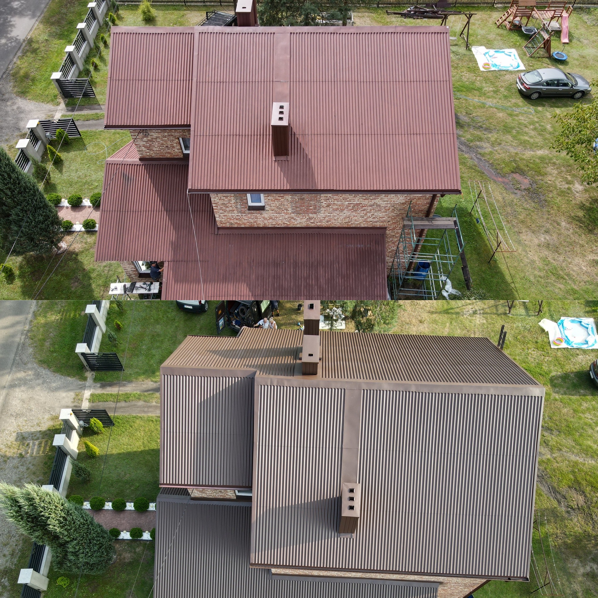 Widok z góry na dom z nowym, brązowym dachem z blachy trapezowej; widoczne elementy wykończeniowe komina i otoczenie domu z ogrodem, placem zabaw i zaparkowanym samochodem.