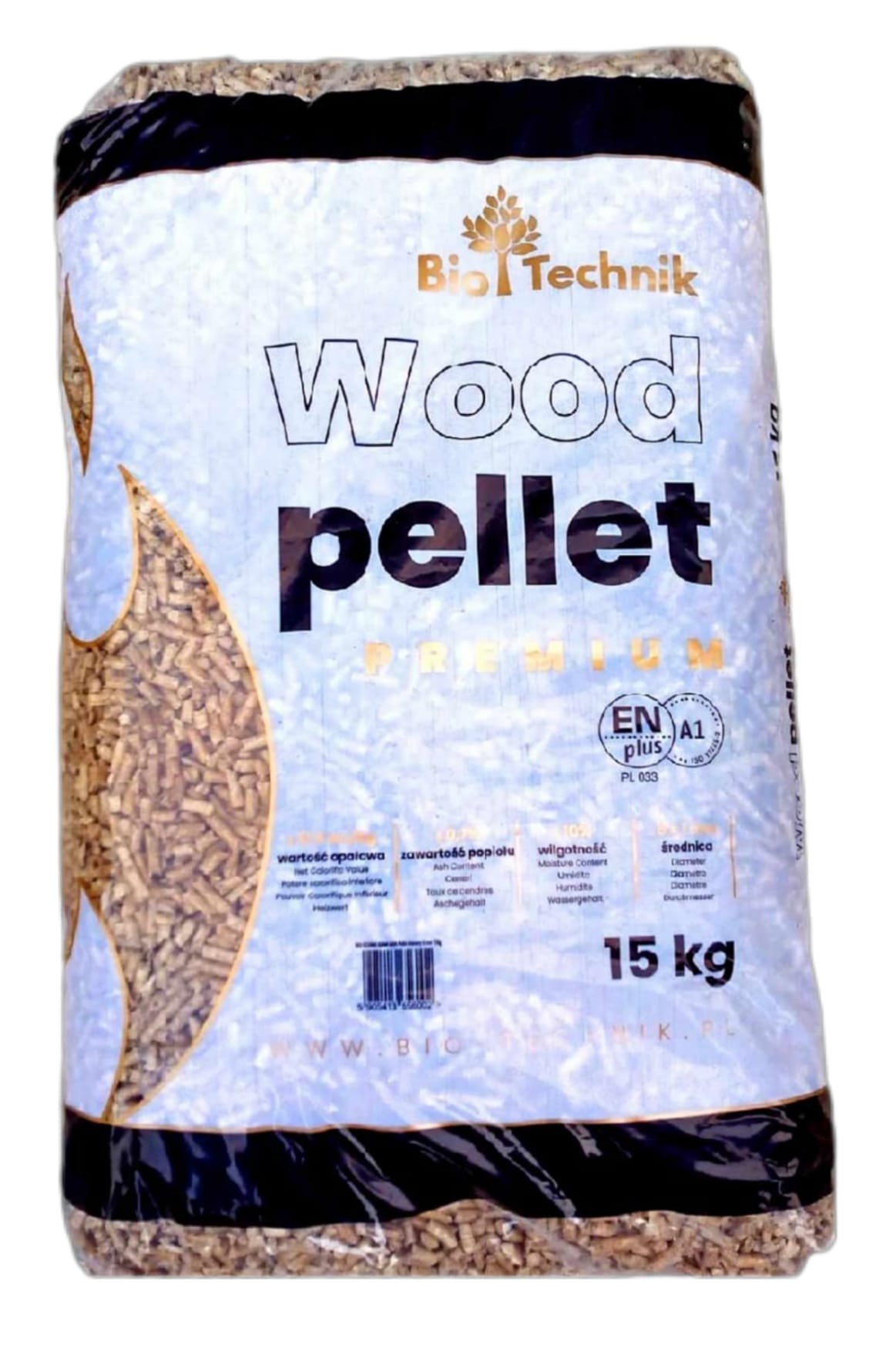 Worek 15 kg z pelletem drzewnym, widoczne logo producenta 'Bio Technik', certyfikat ENplus A1, informacje o wartości opałowej, zawartości popiołu, wilgotności i średnicy.