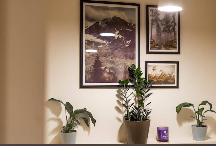 Trzy obrazy w czarnych ramkach wiszą na beżowej ścianie nad półką z trzema roślinami doniczkowymi i fioletową świecą.