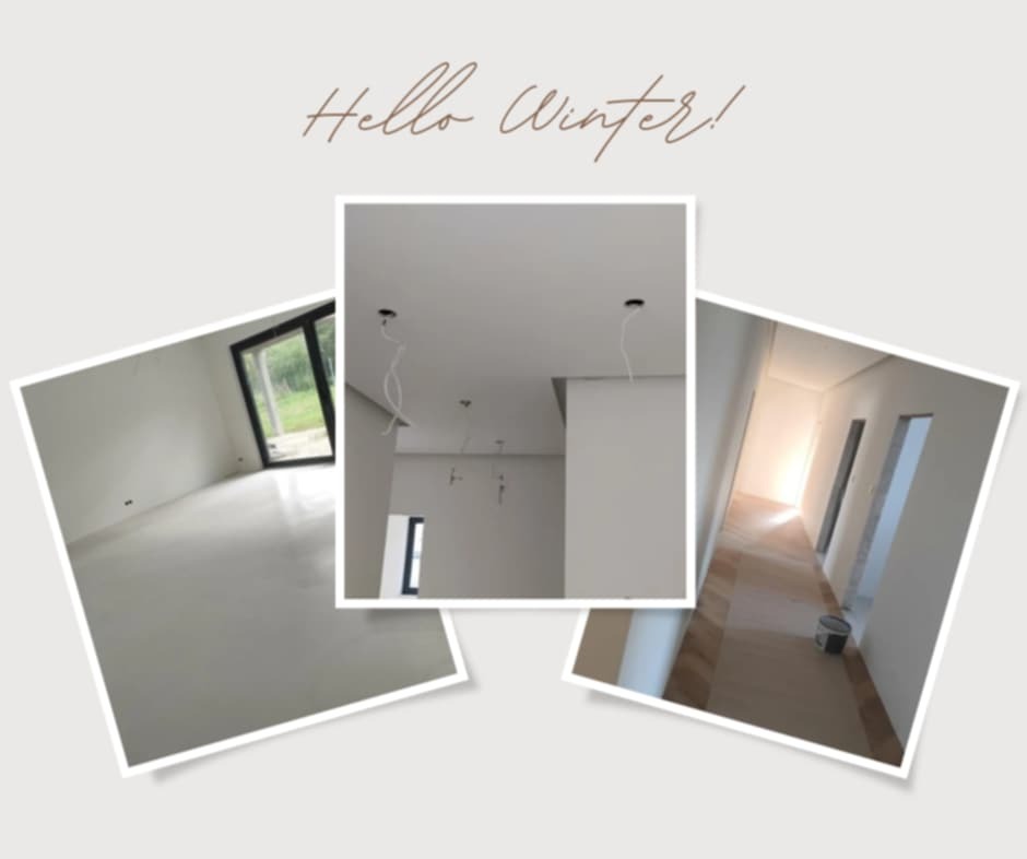 Kompozycja trzech zdjęć przedstawiających wnętrza w trakcie wykończenia: pokój z dużym oknem, korytarz z położoną podłogą i puszką farby, oraz sufit z wystającymi kablami elektrycznymi.