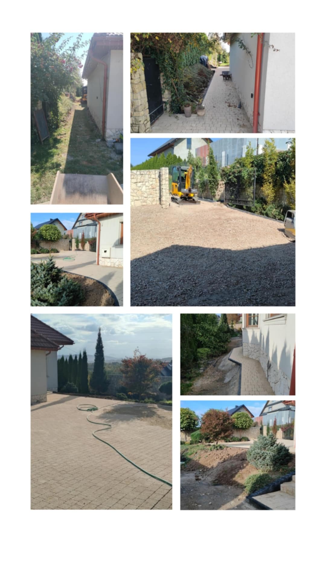 Kolaż zdjęć prezentujących różne etapy prac brukarskich: przygotowanie terenu z użyciem minikoparki, ułożona kostka brukowa w różnych wzorach i lokalizacjach (chodnik, podjazd, ścieżka w ogrodzie),...