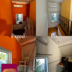 Klatka schodowa: metamorfoza wnętrza 'przed' z intensywną pomarańczą i 'po' z subtelną szarością. Widoczne okno i balustrada. Efekt po odświeżeniu kolorystyki.