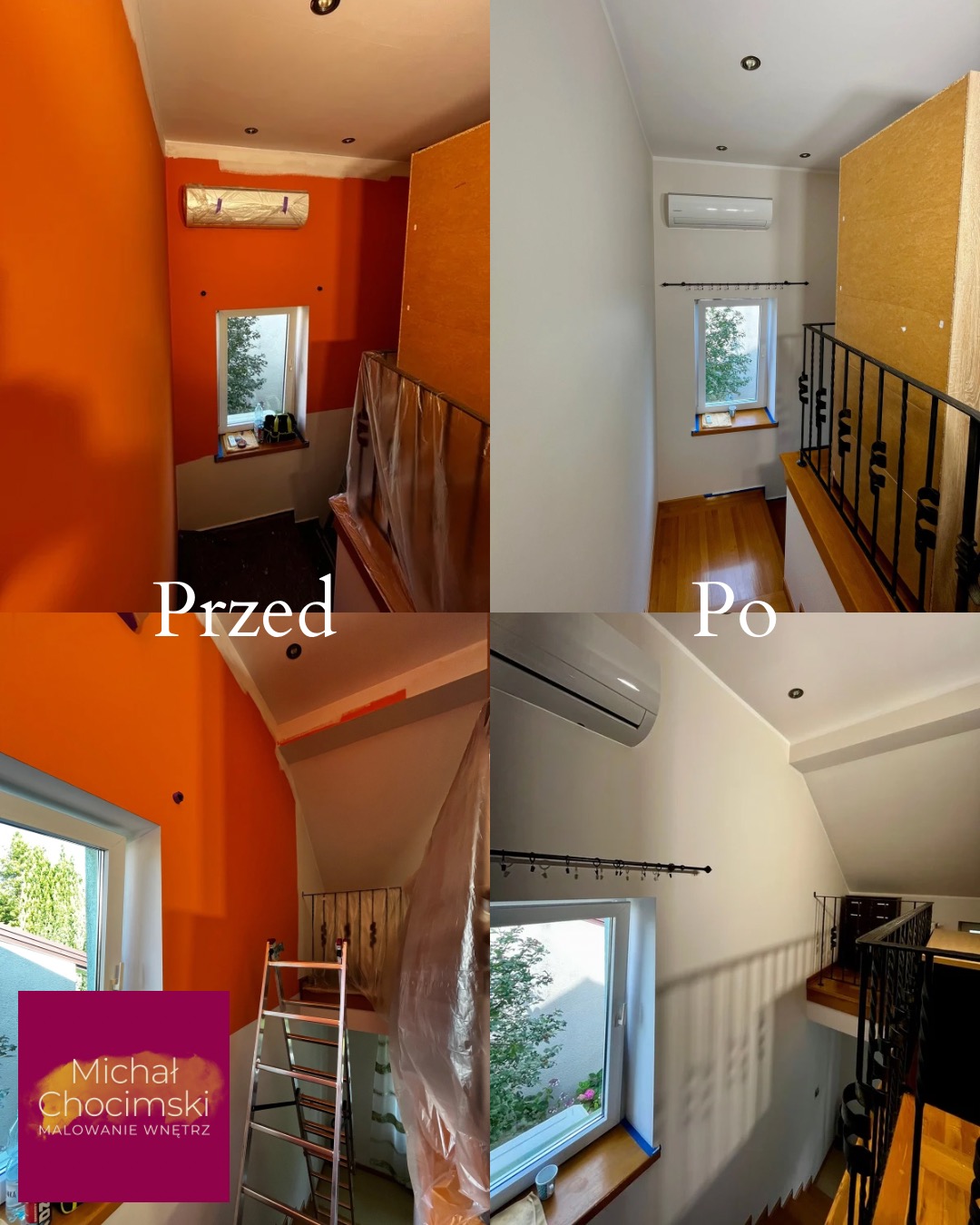 Klatka schodowa: metamorfoza wnętrza 'przed' z intensywną pomarańczą i 'po' z subtelną szarością. Widoczne okno i balustrada. Efekt po odświeżeniu kolorystyki.
