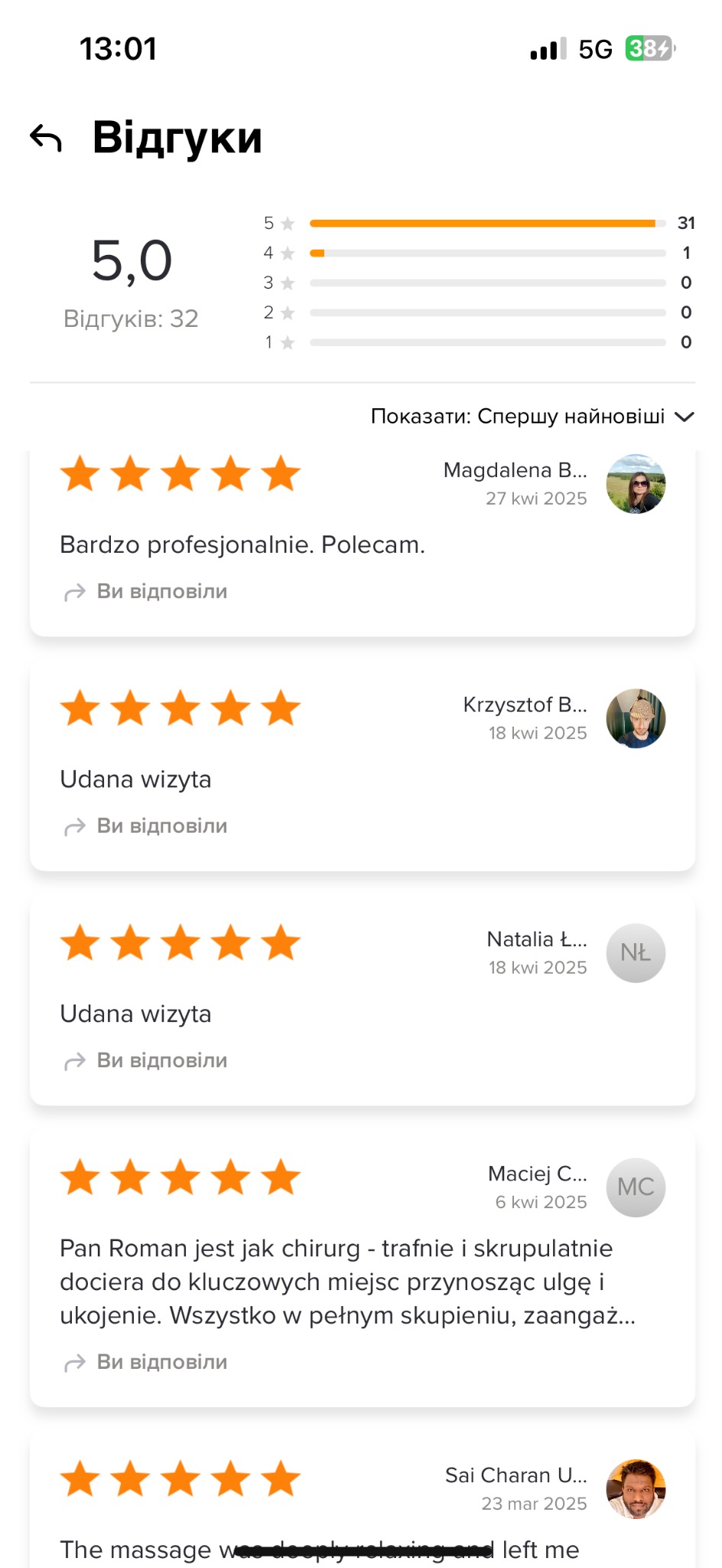 Opinie klientów, ocena 5.0, recenzje z datami i imionami. Pozytywne komentarze o profesjonalizmie i udanych wizytach, widoczne gwiazdki oceny.