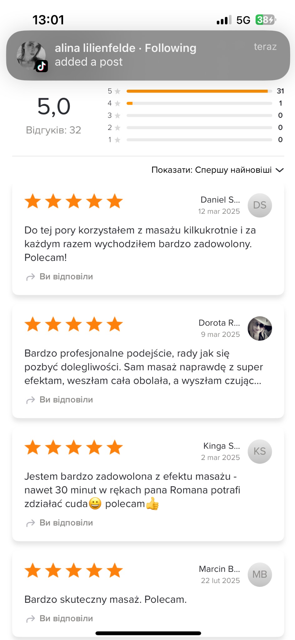 Zrzut ekranu z recenzjami online. Widoczne oceny 5.0, opinie klientów o masażu, imiona i daty. Przeważają pozytywne komentarze o zadowoleniu z efektów.