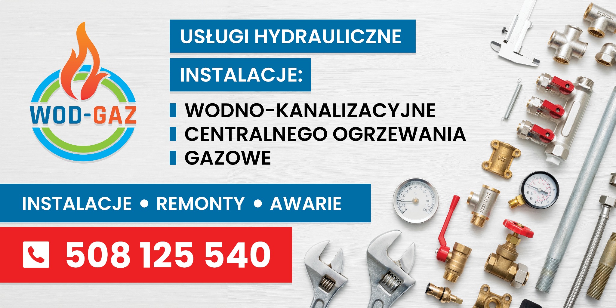 Grafika reklamowa firmy WOD-GAZ oferującej usługi hydrauliczne, w tym instalacje wodno-kanalizacyjne, centralnego ogrzewania i gazowe, z numerem telefonu 508 125 540, otoczona różnymi elementami...