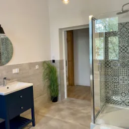 Wykończona łazienka w Gliwicach z kabiną prysznicową z wzorzystymi płytkami, umywalką z szafką w kolorze granatowym i dekoracyjną rośliną w tle.