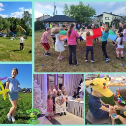Centrum Animacji Radosny Żółwik - Montaż zdjęć z imprezy dla dzieci: puszczanie baniek, zabawy z chustą animacyjną, malowanie twarzy, modelowanie balonów i pamiątkowe zdjęcie z nagrodą.