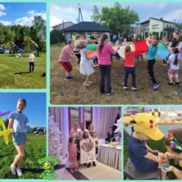 Montaż zdjęć z imprezy dla dzieci: puszczanie baniek, zabawy z chustą animacyjną, malowanie twarzy, modelowanie balonów i pamiątkowe zdjęcie z nagrodą.