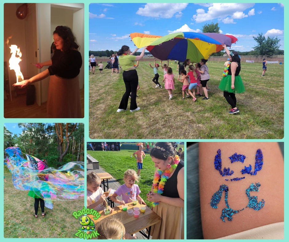 Animator prezentuje pokaz ognia, zabawy z chustą animacyjną, gigantyczne bańki mydlane i brokatowe tatuaże dla dzieci podczas imprezy plenerowej.