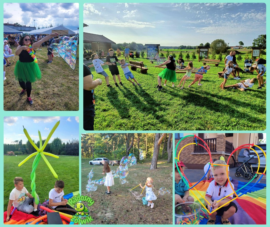 Kolorowy kolaż z imprezy dla dzieci: animatorzy z bańkami, przeciąganie liny, balonowe dekoracje i zabawy konstrukcyjne na trawie w słoneczny dzień.